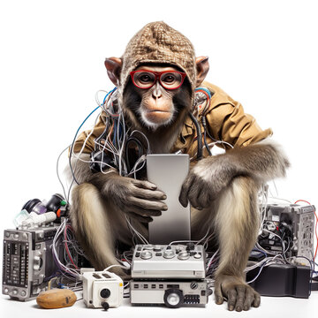 Intelligent chimp chimpanzee ape monkey with pile of electronic devices waste junk yard. Generated AI illustration. Isolated on white background. Future science concept