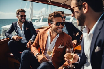 People and lifestyles concept. Beautiful and rich young men and women in luxury party on yacht. Multicultural young adult friends celebrating during summer time. Generative AI - Powered by Adobe