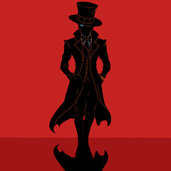 Fototapeta premium black illustration design of a man standing wearing a suit and hat on a red background