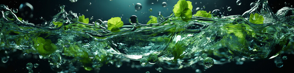 Horizontal fresh under water backdrop of water splash and floating green leaves with water bubbles in blue color background