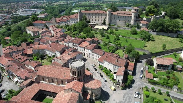 Aerial flyover above Saint-Lizier in south France