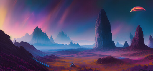 galaxy full of colors, vibrant, epic composition, cinematic, Landscape veduta photo by Dan Mumford, detailed landscape painting, rendered in Enscape, Miyazaki, Nausicaa Ghibli, 4k detailed post proces - obrazy, fototapety, plakaty
