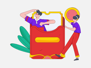 Holiday shopping people doing e-commerce online shopping flat vector concept operation hand drawn illustration
