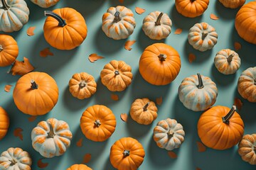 Beautiful pattern with  pumpkins background. autumn card or cover. Ai generated	 - obrazy, fototapety, plakaty