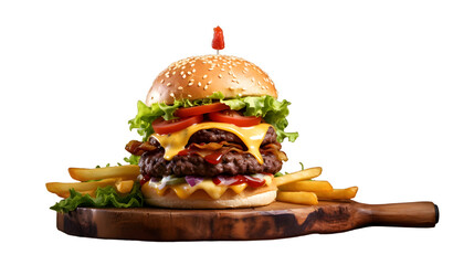 Double patty hamburger or beef burger served with French fries on a wooden board isolated on transparent background, Tasty double beef bun - obrazy, fototapety, plakaty