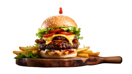Double patty hamburger or beef burger served with French fries on a wooden board isolated on transparent background, Tasty double beef bun
