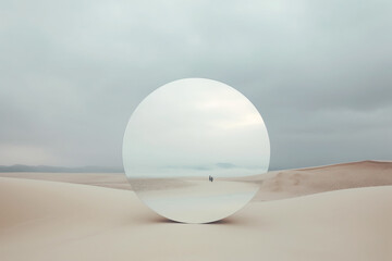 Fine-art, pop-art, nature and landscape concept. Abstract composition of round mirror standing in the middle of desert. Dramatic mood with cloudy sky background with copy space. Generative AI