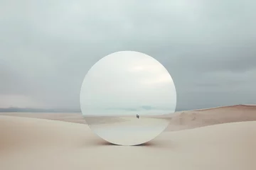 Foto op Plexiglas Licht violet Fine-art, pop-art, nature and landscape concept. Abstract composition of round mirror standing in the middle of desert. Dramatic mood with cloudy sky background with copy space. Generative AI