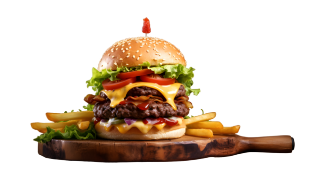 Double patty hamburger or beef burger served with French fries on a wooden board isolated on transparent background, Tasty double beef bun