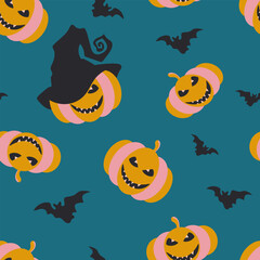 Pumpkins with emotions and bats on a dark blue background form a seamless pattern for holiday textiles. Vector.