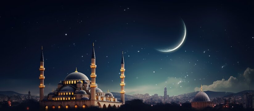 Mosque with moon in the sky Ramadan photo Islamic backdrop
