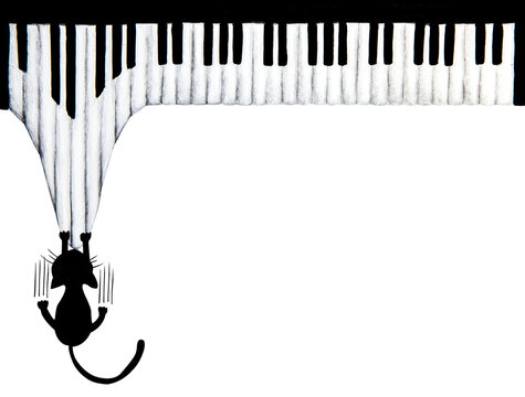 Hand drawn of Black cat scratching piano