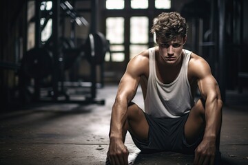Fototapeta na wymiar young man leaning forward tiredly in the gym