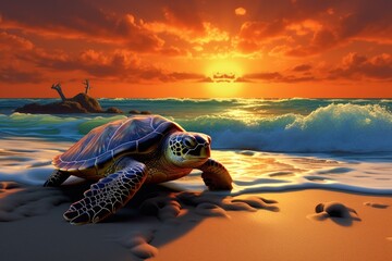 sunset on beach with sea turtle