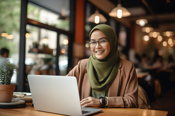 Obraz premium A Businesswoman's Smile: Empowering Women in the Digital Age with Laptops at City Cafes