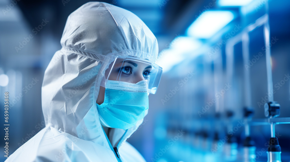 Poster close-up image of a researcher in a protective mask working in a laboratory of a research institute.