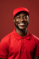Fototapeta premium A happy deliveryman smiling, Bright solid light red background