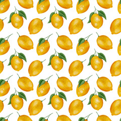 Warm Yellow Watercolor Lemons and Green Leaves Seamless Pattern Background