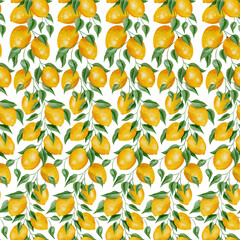 Warm Yellow Watercolor Lemons and Green Leaves Seamless Pattern Background