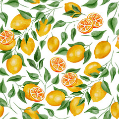Warm Yellow Watercolor Lemons and Green Leaves Seamless Pattern Background
