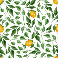 Warm Yellow Watercolor Lemons and Green Leaves Seamless Pattern Background