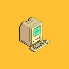 Isometric old macintosh with text