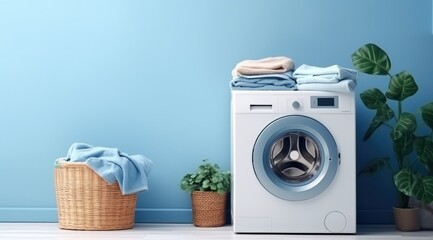 washing machine in white room with blue walls