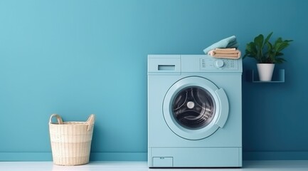 washing machine in white room with blue walls - obrazy, fototapety, plakaty