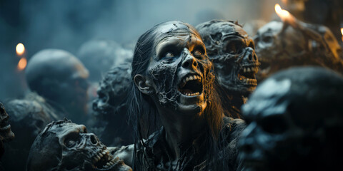 Creepy zombies, crowd of scary undead on Halloween night or apocalypse - obrazy, fototapety, plakaty