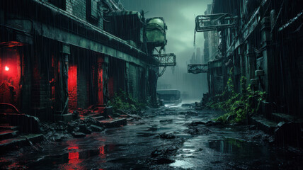 Dirt and grunge of alley in dystopian cyberpunk city, abandoned street
