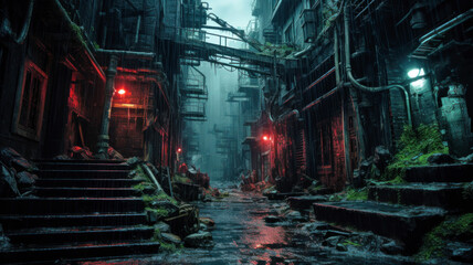 Dark dirty alley in rain, gloomy street in cyberpunk city, dystopia theme - obrazy, fototapety, plakaty
