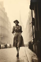 Selbstklebende Fototapeten woman walking through Paris in 1950, vintage monochromatic © Jorge Ferreiro