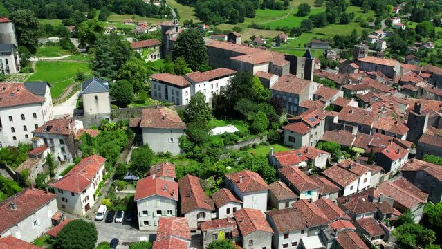 Aerial flyover above Saint-Lizier in south France
