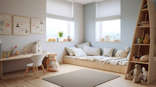 Interior of children’s room, Scandinavian design with wood furniture