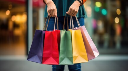 Hand holding multiple colorful shopping bags
