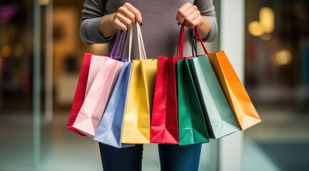 Fototapeta na wymiar Hand holding multiple colorful shopping bags