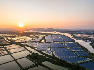 aerial view of solar power plant in field