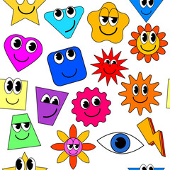 Cartoon stickers seamless pattern. Abstract shapes, stars, square, comic cute doodle smile characters