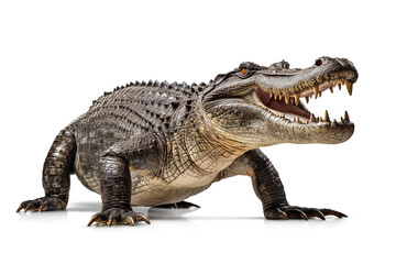 Fototapeta premium Majestic alligator roaming, crocodile on white background, portrait of crocodile