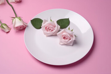 White round plate with pink roses on pink background