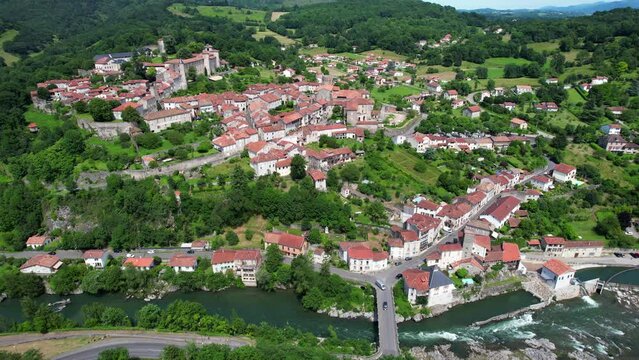 Aerial flyover above Saint-Lizier in south France