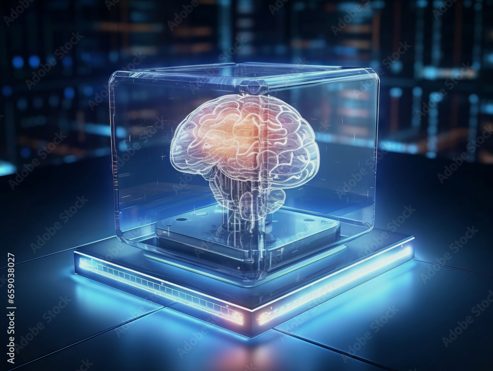 Aufkleber artificial intelligence concept with a human brain in a cube. Generative AI