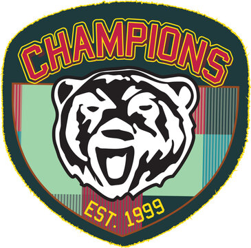 CHAMPIONS SPORTY GRAPHIC DESIGN WITH ROAR LION AND SHIELD ESTABLISHED IN 1999 VECTOR ILLUSTRATION