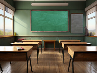 Classroom interior with green walls, wooden floor, blackboard and wooden chairs. Generative AI