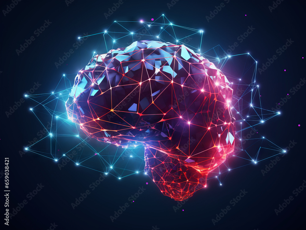 Poster low poly human brain with polygonal connections. artificial intelligence concept. generative ai