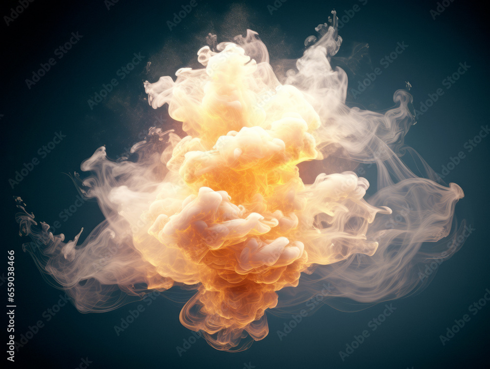 Poster explosion of yellow smoke on a dark background. generative ai