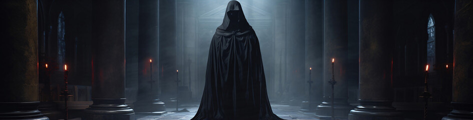 spooky figure with a cloak in a church