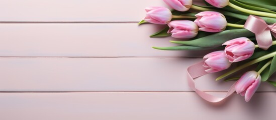 Closeup of a gift on a white table with pink tulips for special occasions