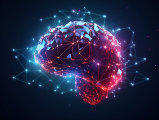 low poly human brain with polygonal connections. Artificial intelligence concept. Generative AI