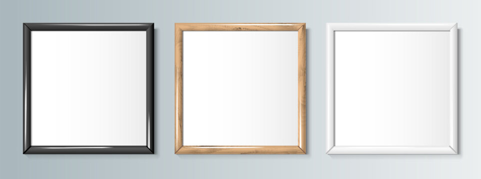 Realistic square black and white color frames for paintings or photographs. Vector illustration.